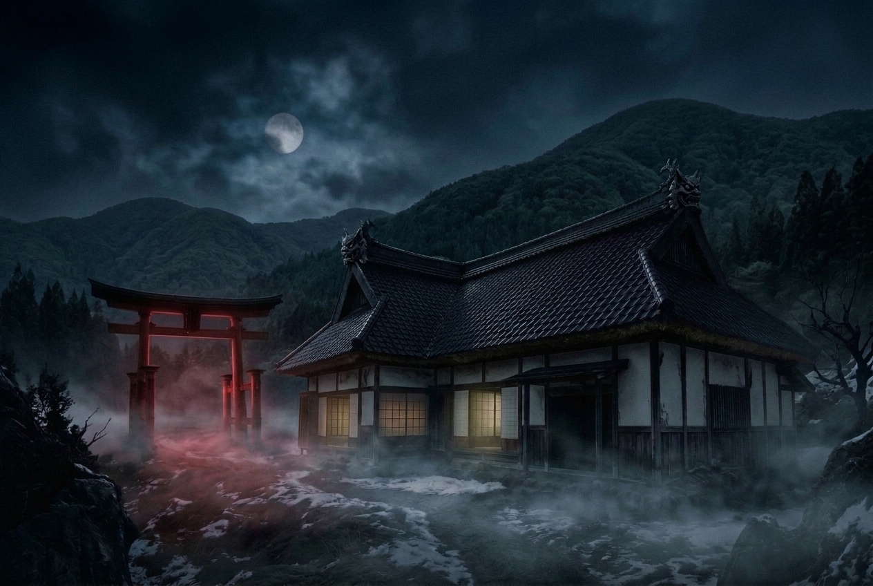 The minka and torii in the Iwate mountains